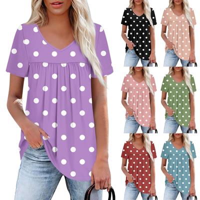 Top feminino casual com decote em V, manga curta, babado no peito, estampado