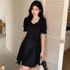 Women's Spring Summer Red V Neck Bow Puff Sleeve A Line Mini Dress
