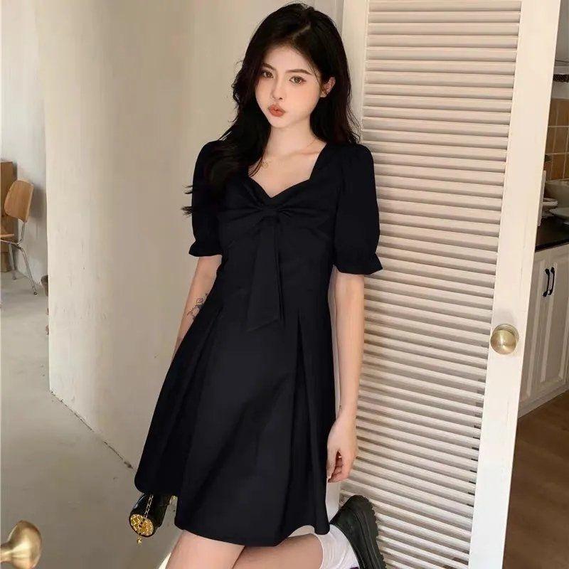 Women's Spring Summer Red V Neck Bow Puff Sleeve A Line Mini Dress