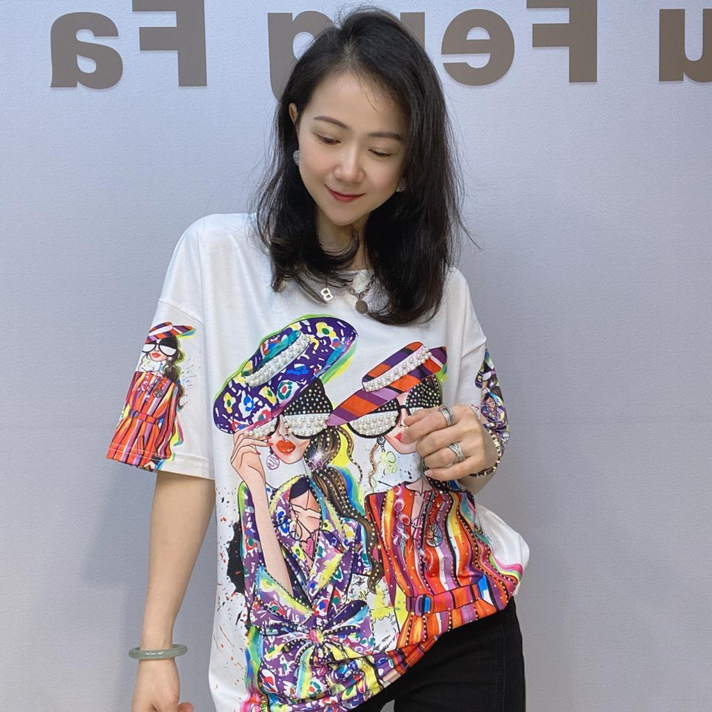 Plus Size Colorful Pattern Printed Diamonds Beading Tees for Women Summer Thin Clothes O Neck Short Sleeve Casual Loose T Shirts