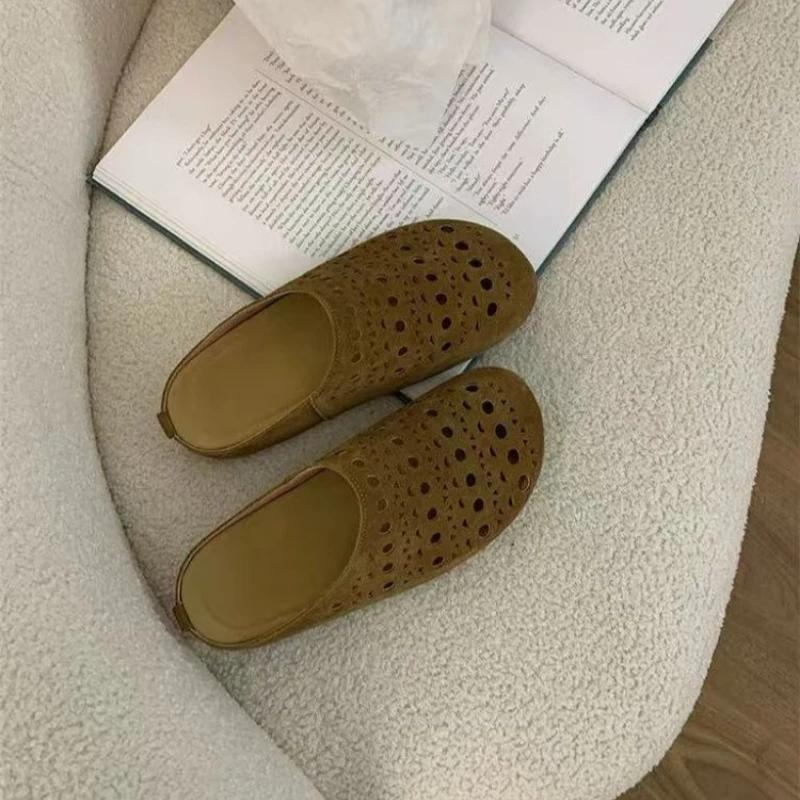 Women's Fashion Round Head Deep Mouth Cow Suede Hollow Breathable Soft Sole Anti-slip Wear-resistant Flat Slippers