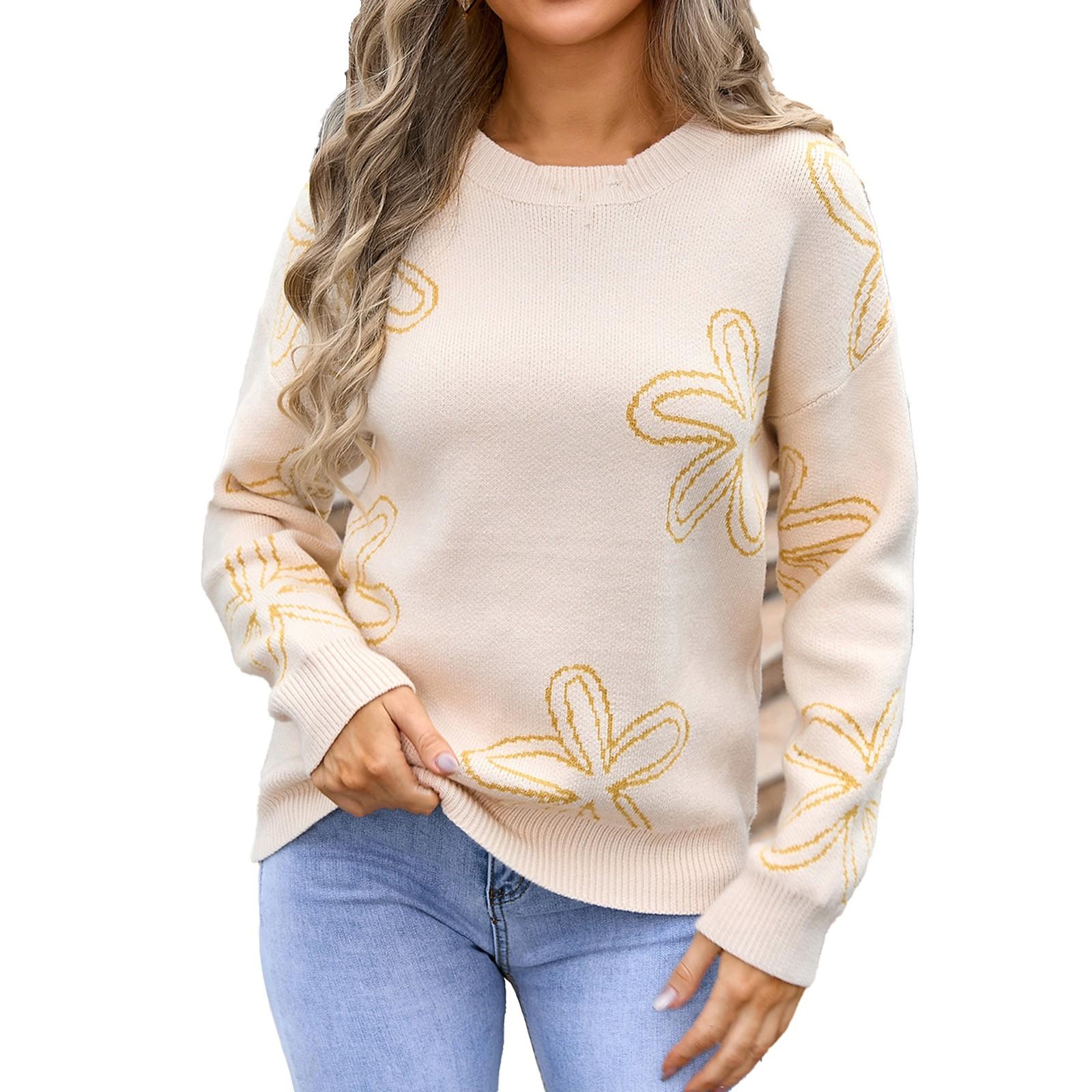 

Женский повседневный модный удобный пуловер с круглым вырезом контрастного цвета с цветочным принтом и длинным рукавом уличный тренд вязаный свитер M жёлтый