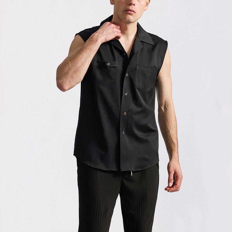 Men's Sleeveless White Shirt Summer Casual Breathable Collared Top Double Pocket Male Blouse