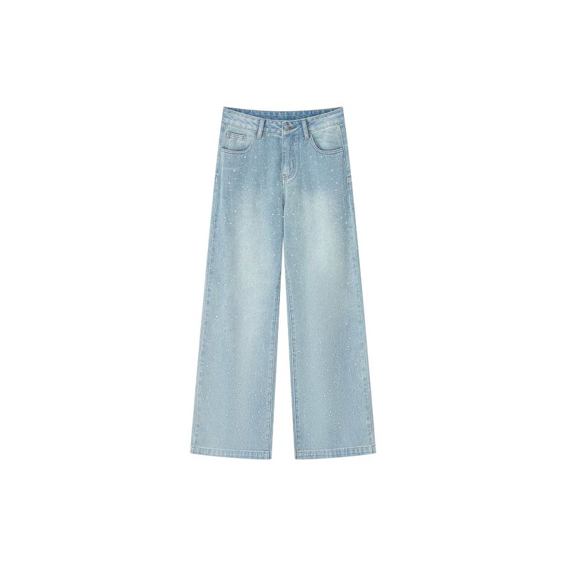 American Retro Style Star-Studded Rhinestone Jeans for Women, New Spring Design for Plus-Size Girls, High-Waisted Wide-Leg Pants
