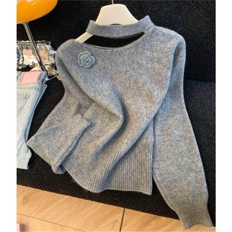 3D Floral Halterneck Sweater - Women's Autumn/Winter 2026 Collection: French Style, Loose Knitwear