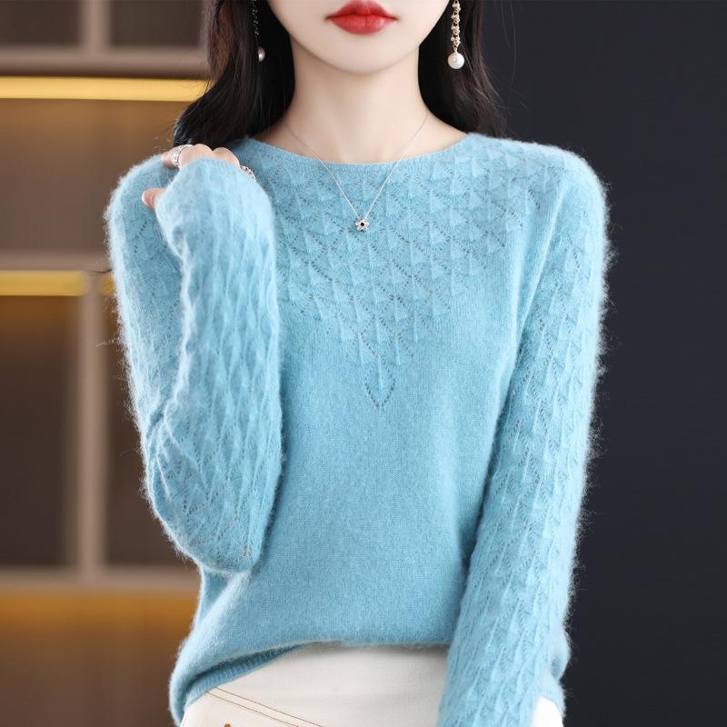 Jednorzędowy, gotowy do noszenia sweter z okrągłym dekoltem dla kobiet, sweter bezszwowe z diamentowym wzorem, luźny wełniany sweter bazowy