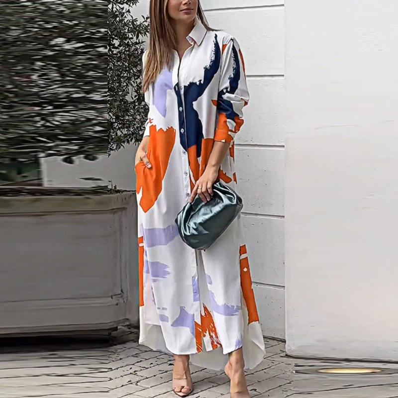 Mode Elegant Langarm Druck Langhemdkleid Lässig Locker Schlitz Revers Büro A-Linie Partykleider Taschen Frühling Herbst Einfache Kleidung