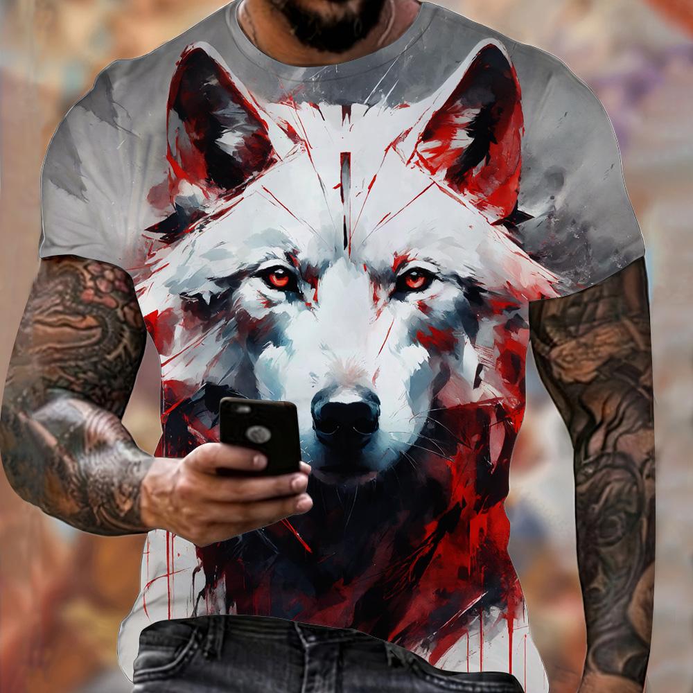 Summer Men's Lightweight Fitness Sports T-Shirt Cool Fire Wolf Graphic 3D Print Short Sleeve Casual Loose Streetwear Men's Tops