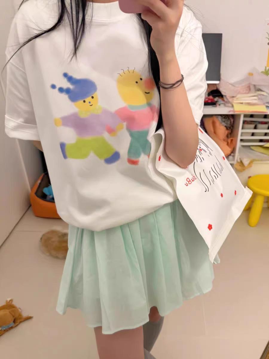 

Женская корейская хлопковая футболка с графикой - Мультяшный персонаж, Свободный крой, Короткий рукав, Повседневный круглый вырез XXL белый