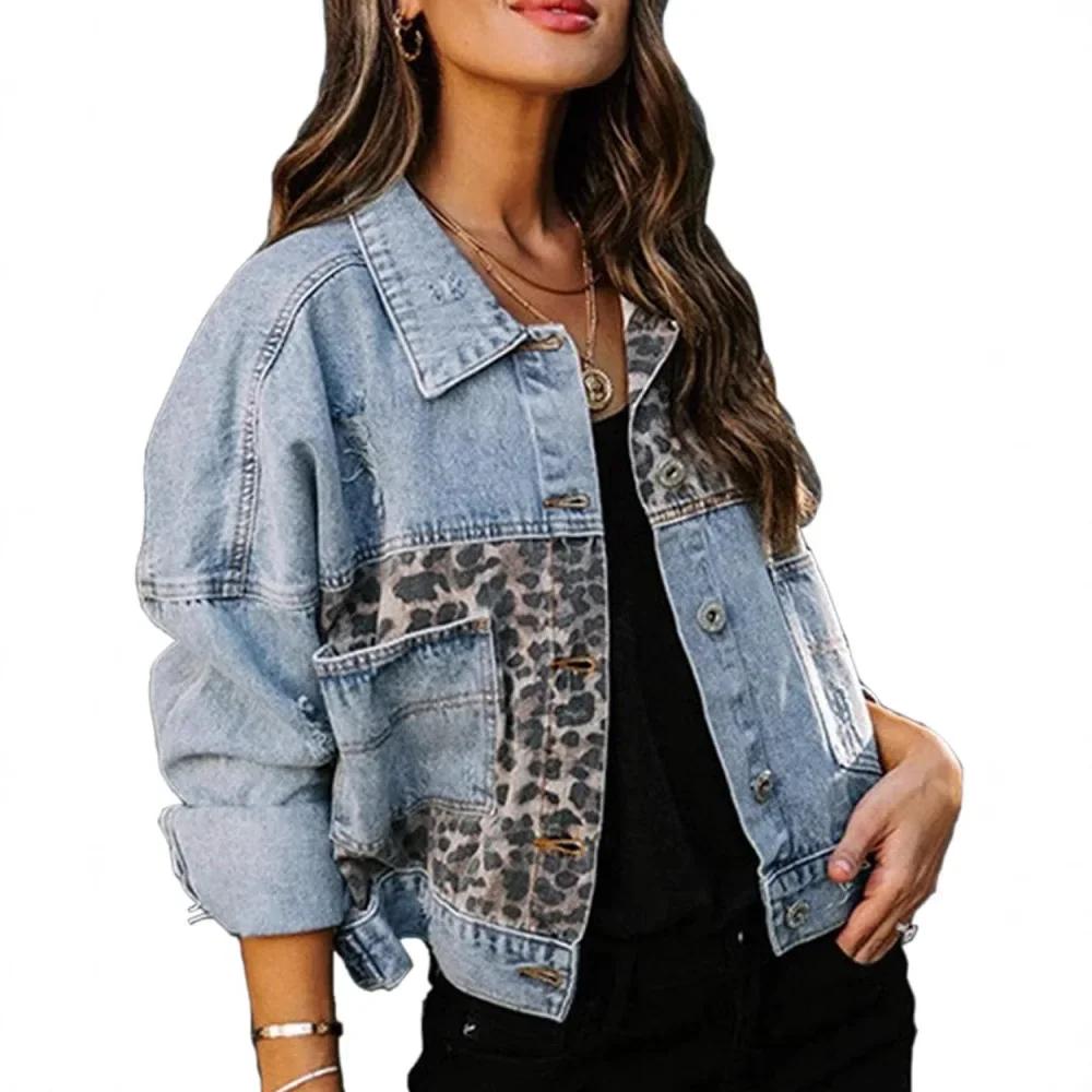 Leopard Print Denim Jacket Women Vintage Coat  Autumn Outerwear Turn Down Collar Button Pockets Female Overcoat Streetwear