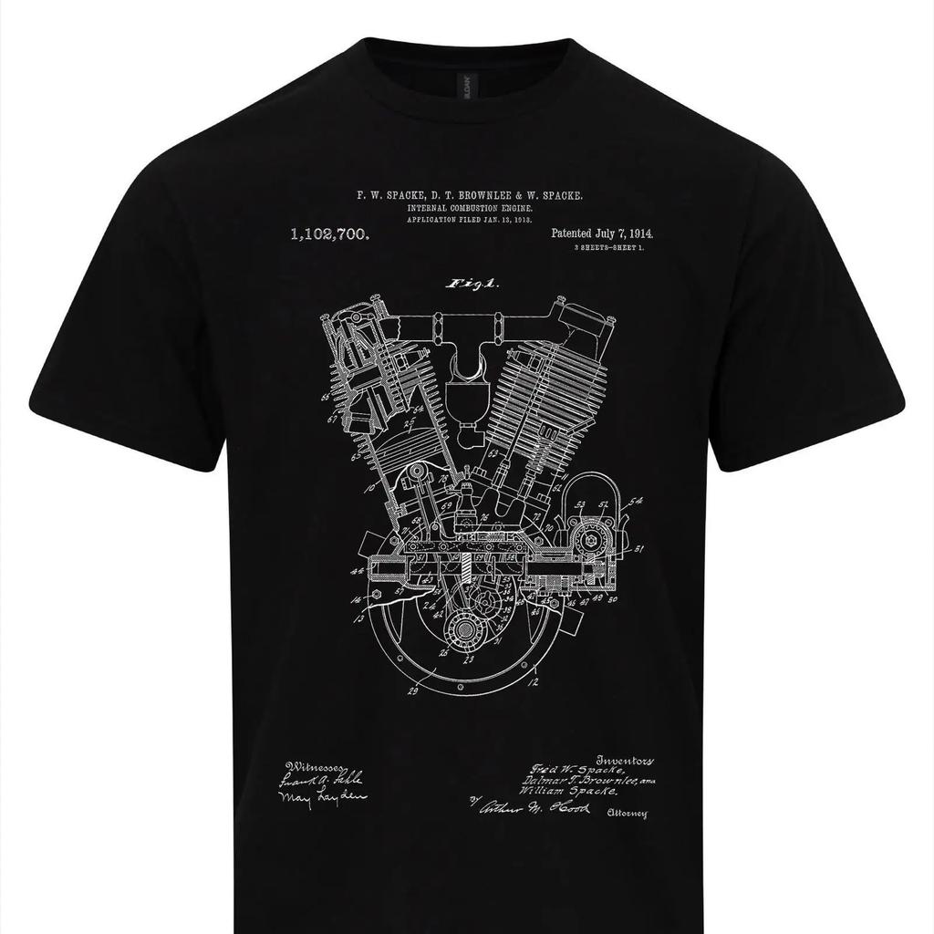 Motorcycle Internal Combustion Engine Patent T Shirt Vintage Motorbike Blueprint Vintage Washed Casual Fashion Stretched Soft