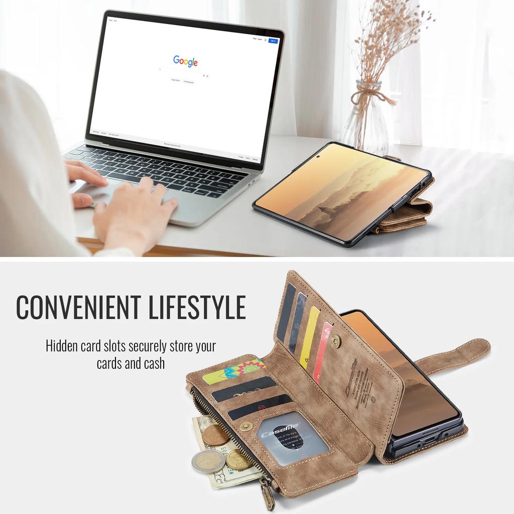 Luxury Business Multi Card Zipper Flip Wallet Leather Case for Samsung Z Fold 8 Ultra 7 Shockproof for Magsafe Book Stand Cover