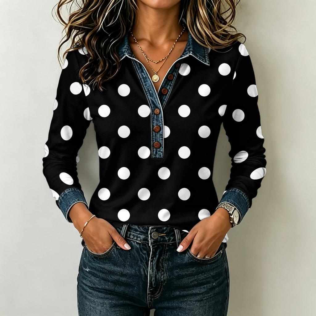 Women's Casual Long Sleeve Top Loose Fit Stylish Color Block Patchwork Shirt Comfortable Everyday Blouse