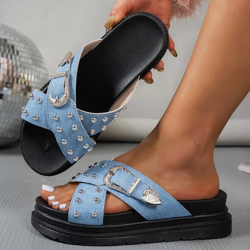 Fashion 2025 Buckle Slippers High Quality Women's Slip-On Open Toe Flat with Non-Slip Casual Summer Ladies Beach Slippers Large Size