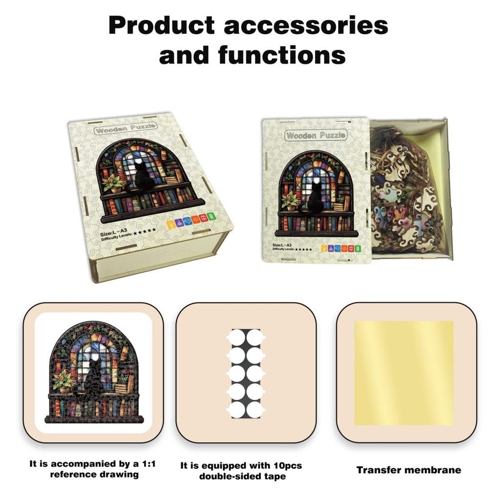 Window Cat Wooden Jigsaw Puzzle, Church Cat Art, Irregular Shaped Pieces, Adult Brain Teaser Stress Relief Game, Unique Wooden Puzzle Gift, DIY