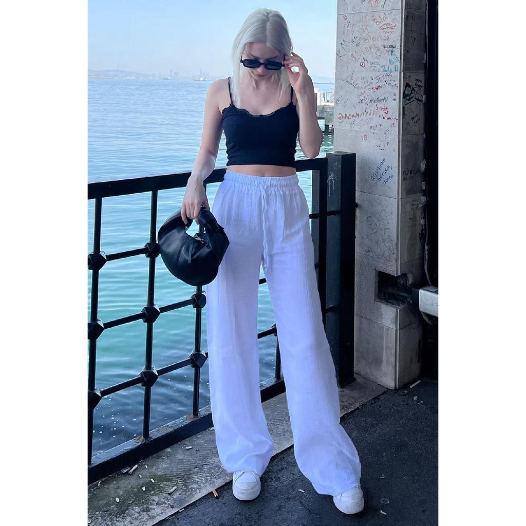 Grüne Weitbeinige Musselin Damen Hose Mg1980