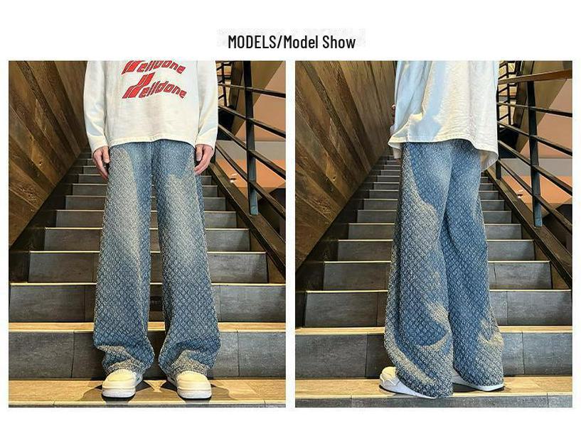 Men's Fashionable Wide-Leg Hip-Hop Jeans, Jacquard Print, Personalized Distressed High-Street Style