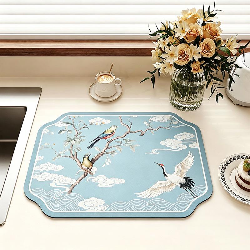 Chinese-Style Irregular Flower & Bird Diatom Mud Coffee Mat: Stain-Resistant, Easy-Clean, Non-Slip Kitchen Draining Mat
