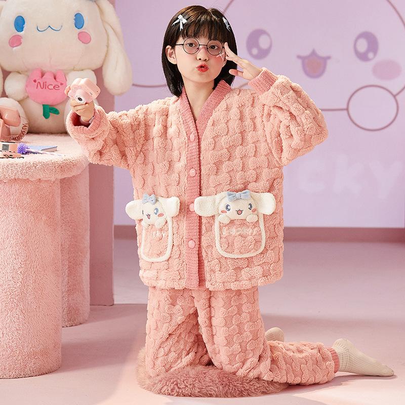 Kids Flannel Pajamas Set Boys Girls Warm Long Sleeve Top And Pants Sleepwear Winter Home Nightwear
