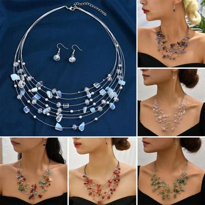 Women Necklace Earrings Set Multi-layered Necklace Stone Decor Bohemian Style