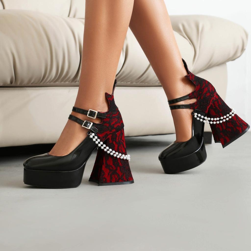 New Retro Pearl Lace Mary Jane Shoes Women's One-word Buckle Spring and Autumn New Thick Heel Sweet High Heels