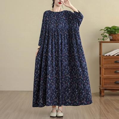 DIMANAF 2025 Women Plus Size Spring Long Dress Loose Basic Printing Vintage Casual Floral Oversize Long Sleeve Maxi