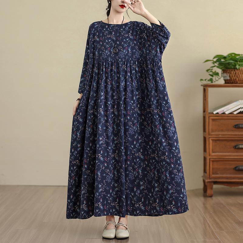 DIMANAF 2025 Damen Übergröße Frühling Langes Kleid Locker Basic Druck Vintage Lässig Floral Oversize Langarm Maxi