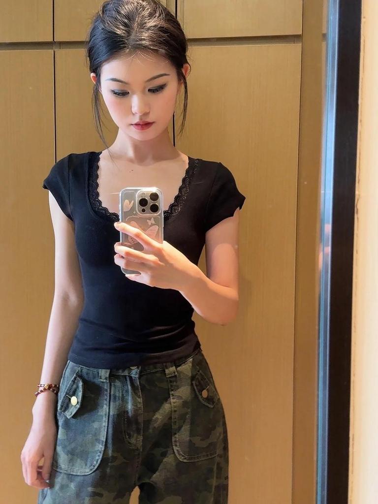 Women's Summer 2026 Lace Trim Bow Knot Short Sleeve T-Shirt