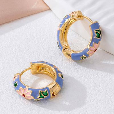 Korean Flower Enamel Earrings Classic Hoop Ear Buckle Chinese Style Earrings  Gifts for Women Girl
