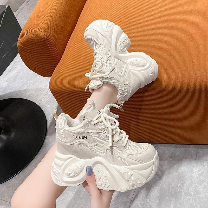 Mode 10CM Neu 2024 Frühling Damen Atmungsaktive Mesh Klobige Sneakers Hohe Plateau Freizeitschuhe Schnürschuhe Sommer Sport Lederschuhe Frau
