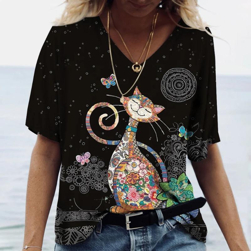 

Women s T-shirt with exquisite cartoon cats. 3D printed summer short-sleeved top. Casual women s clothing. XL