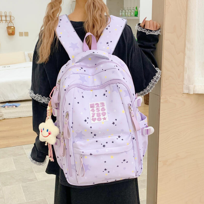 Cute Star-Print Nylon Backpack – Stylish & Lightweight School Bag for Girls, Teens, and Women