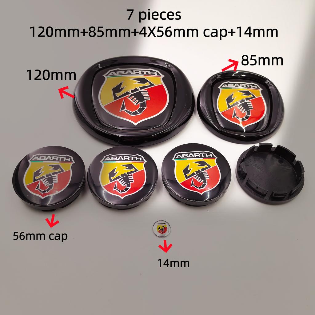 8pcs fiat Abarth Car Front grill front Rear Bumper tail door trunk Emblem 85/95/100/120mm Wheel Center Hub Cap Badge Rim Cover