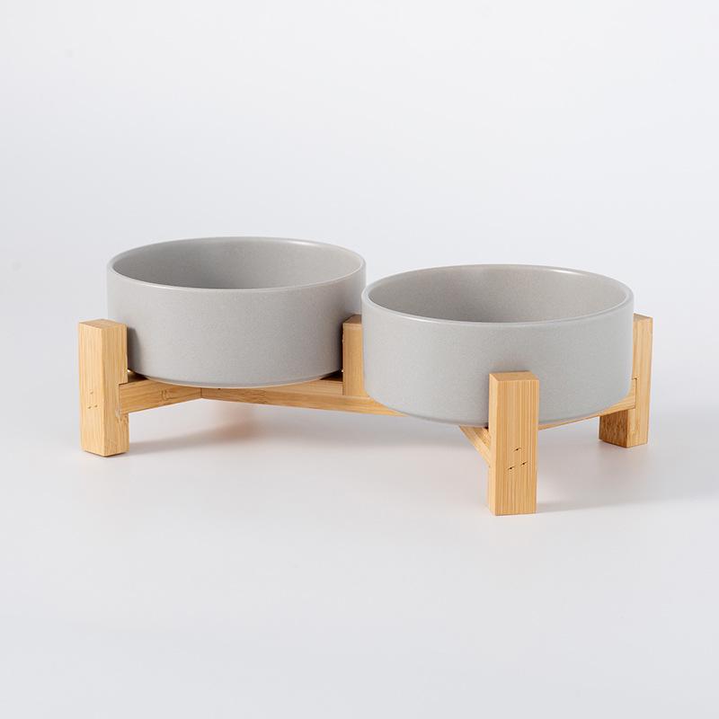 Ceramic Pet Food Bowl with Elevated Bamboo Stand - Anti-Tip Design for Dogs and Cats, Protects Cervical Spine