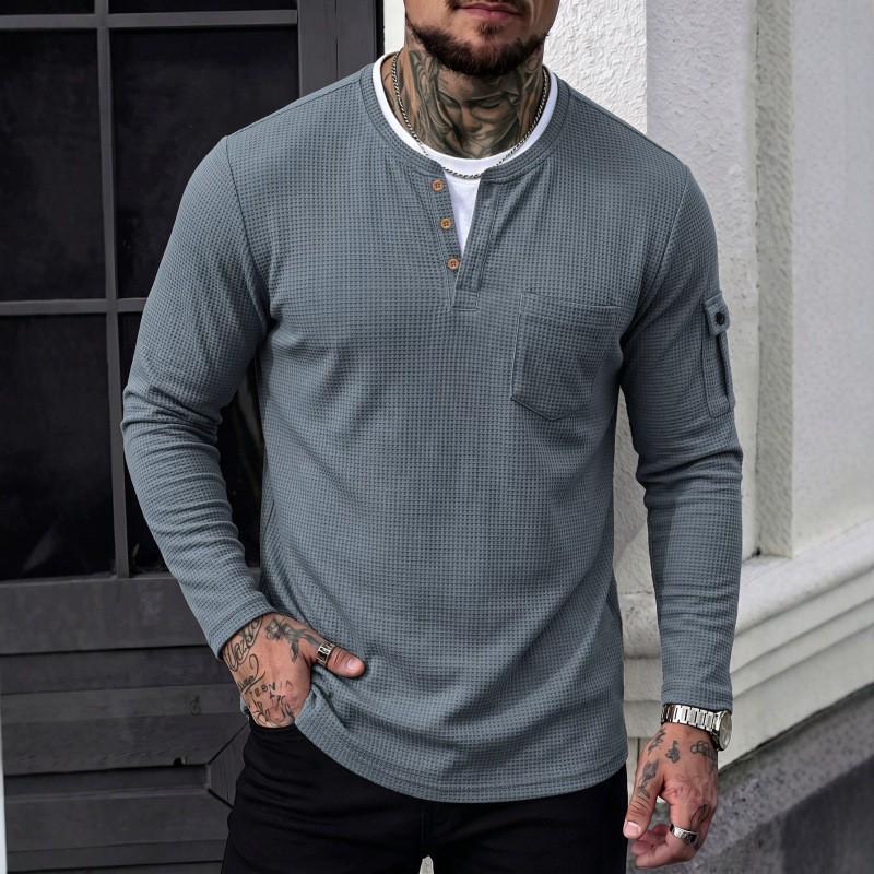 Mens Long Sleeve T Shirt Fake Two Piece Waffle Knit Round Neck Casual Top Daily Wear