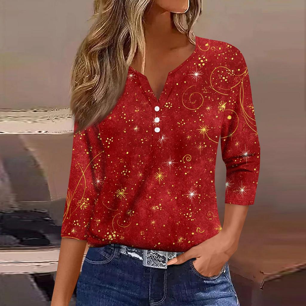 Women's T Shirt Christmas Print Button 3/4 Sleeve Daily Weekend Fashion Basic V- Neck Regular Top
