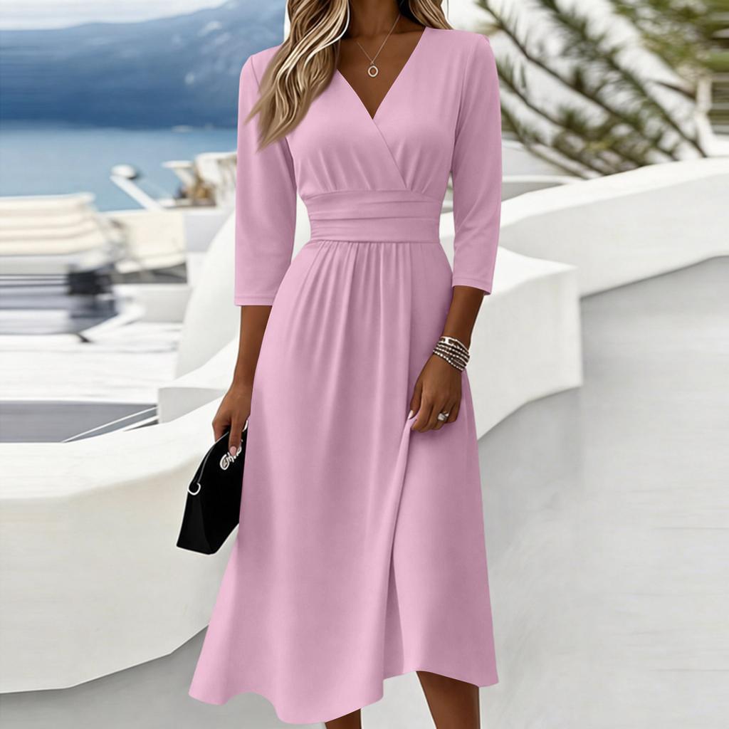 Women V Neck Casual Midi Dress with Three Quarter Sleeves and Fitted Waist for Everyday and Work Wear Outfits