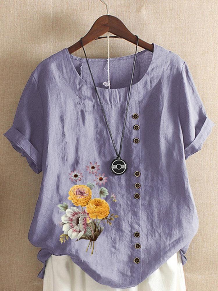 Europe and The United States Printing Cotton Linen Short-sleeved Ladies T-shirt