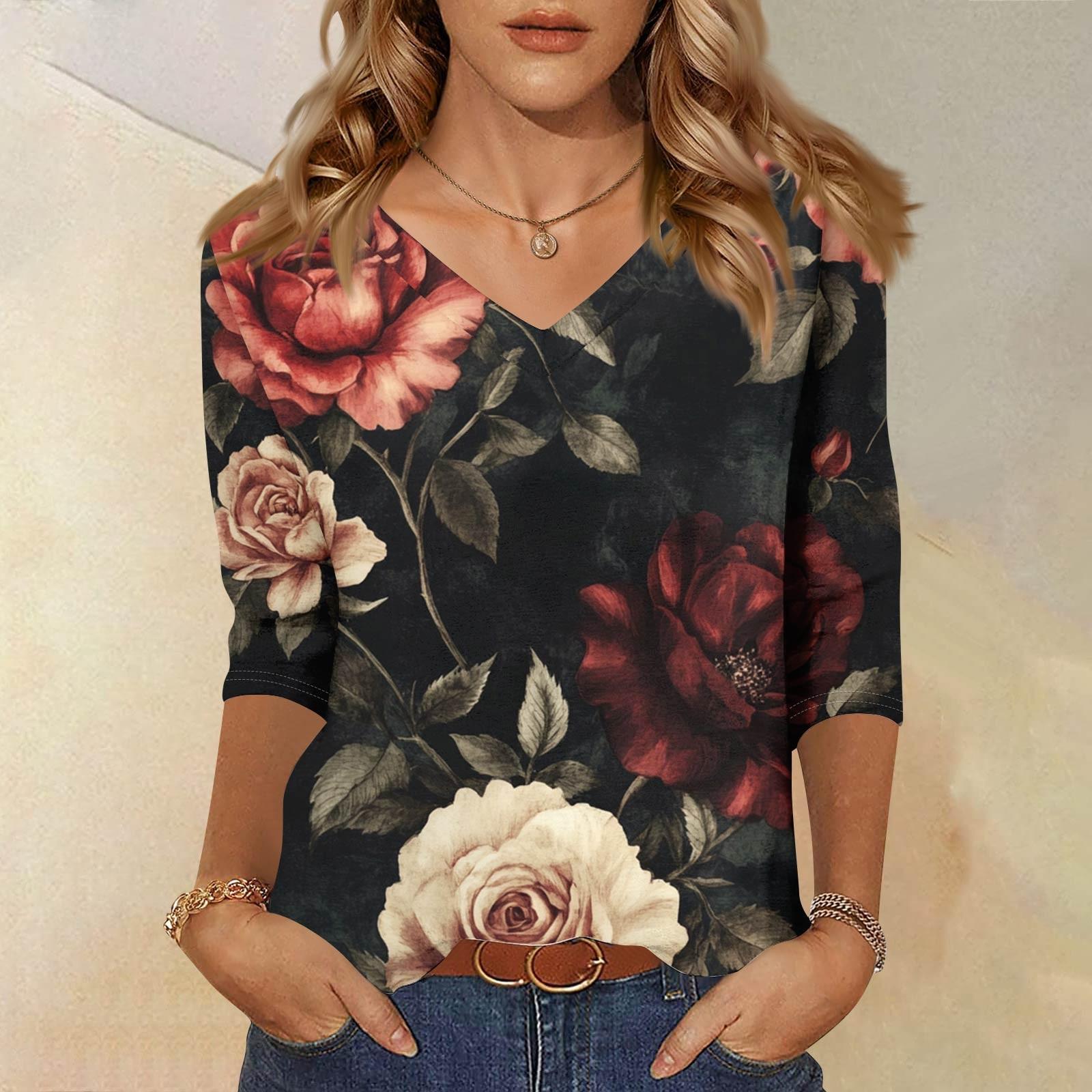 

Женские топы, рубашка с рукавом три четверти, свободная повседневная рубашка с V-образным вырезом, футболка с цветочным принтом M чёрный