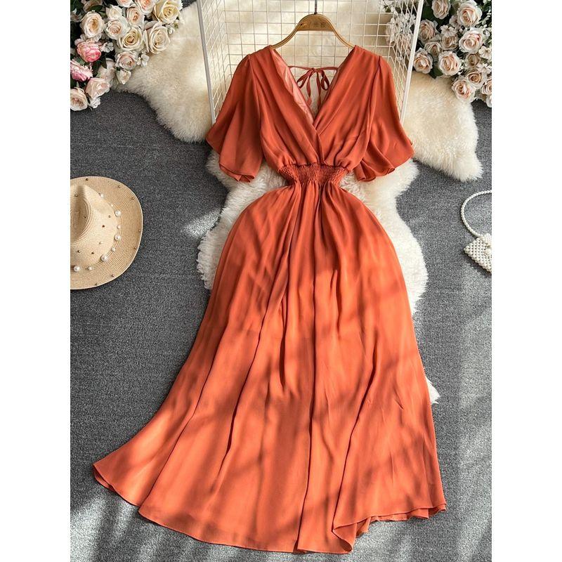 Retro V-neck Open Back A- line Large Hem Short Sleeve Dress
