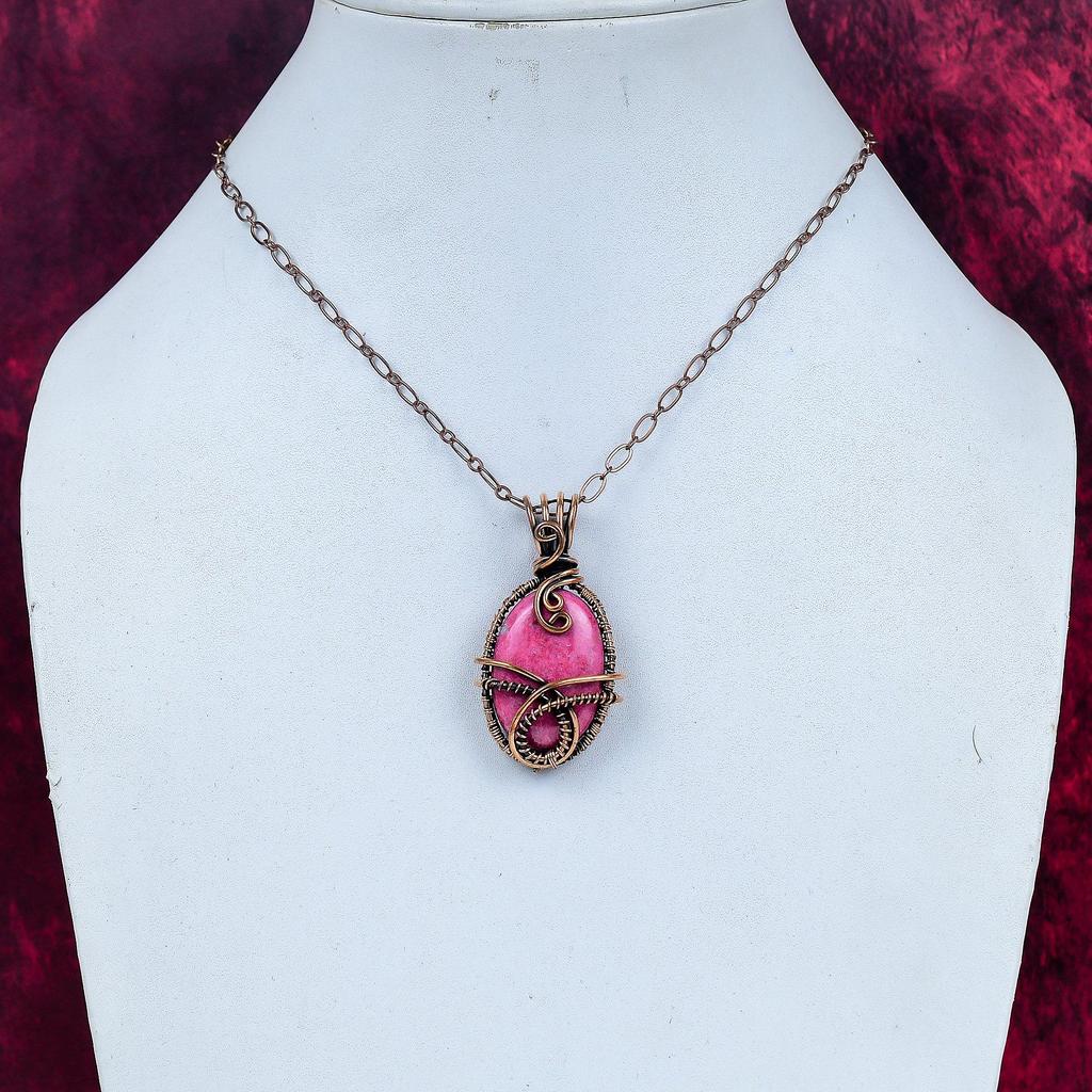 Thulite Gemstone Pendant Copper Wire Wrapped Jewelry Handmade Designer Pendant