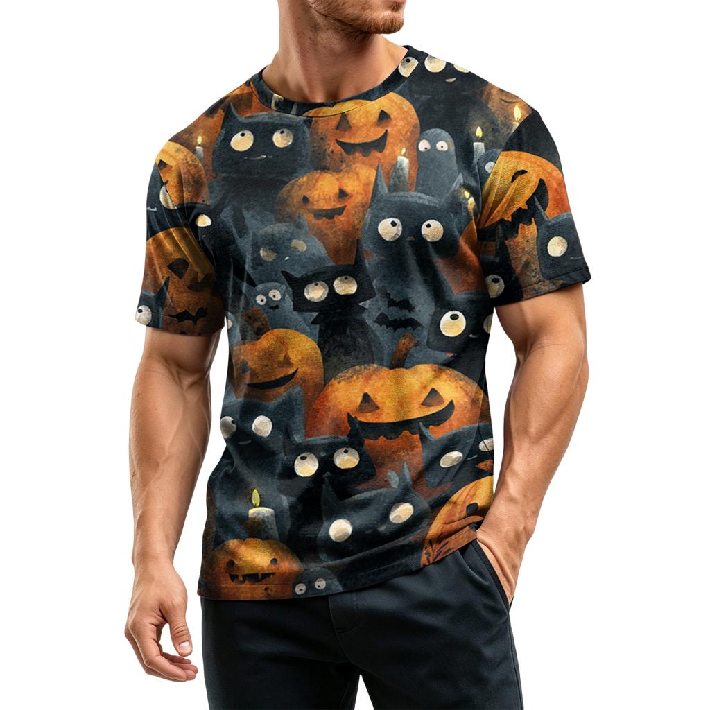 Men's Casual Printed Crew Neck Lightweight Breathable Short Sleeve Shirt Halloween Pattern Comfortable Fit