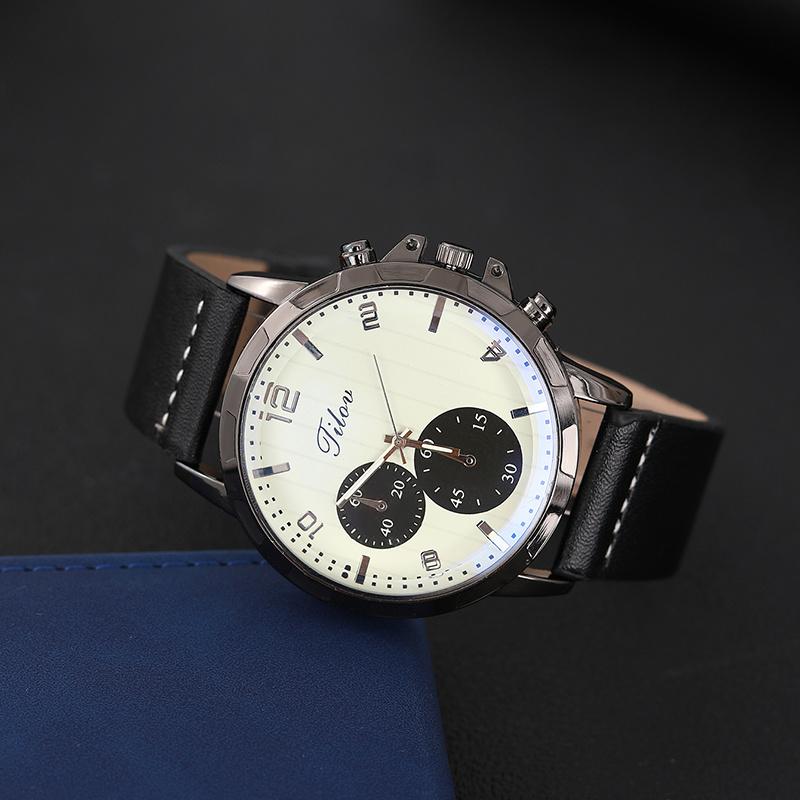 New Men Watch Luxury Bracelet Set Fashion Business Black Leather Quartz Wrist Watches for Men Gift Set Relogio Masculino
