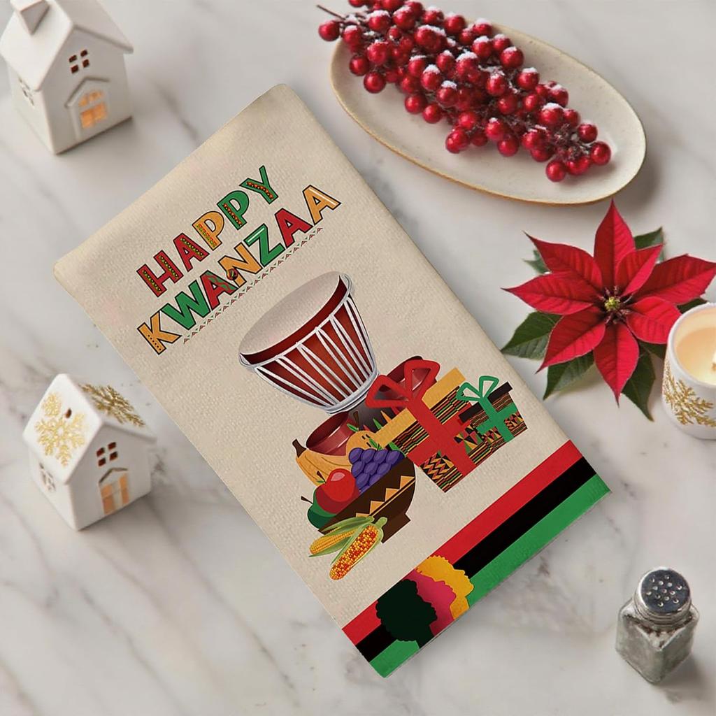 Kwanzaa Kitchen Towels Decorative Set Kinara N Drum Fruit Dish Towels N Heritage Holiday Decor Happy Kwanzaa Decorations for Home