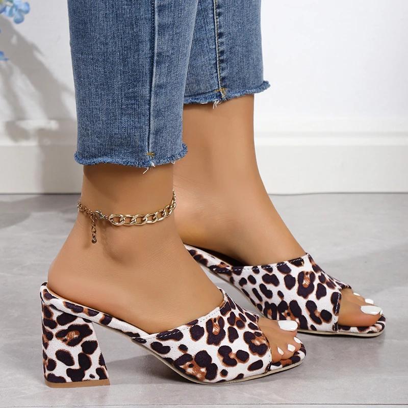 High Heels Sandals Woman 2026 Red Leopard Print Slippers Luxury Shoes for Women Women's Mules Flip Flops Beach