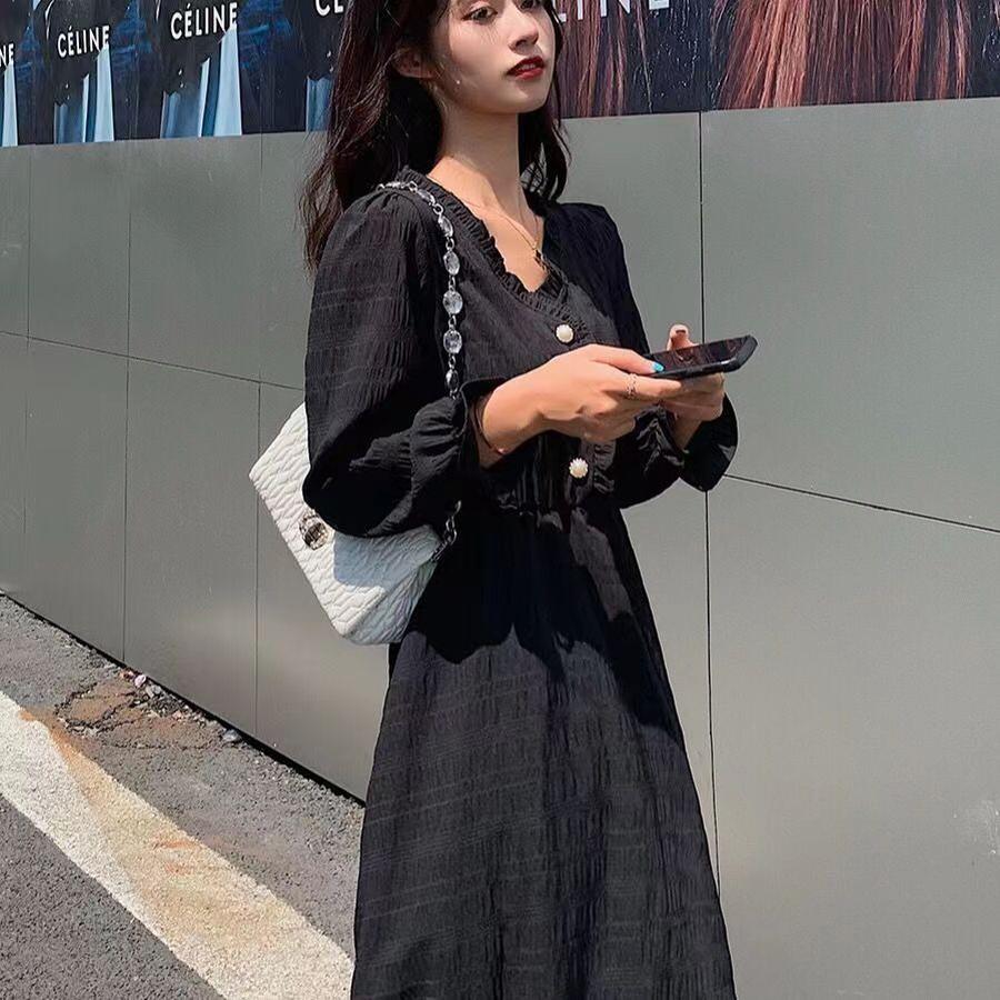 Student Spring French White Long Sleeve Dress for Women, Waist Empire Line, Slim Fit, Midi Length