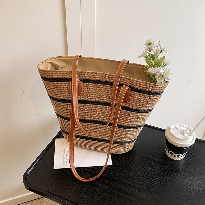 

Нишевая полосатая плетеная большая сумка женская новая дорожная универсальная плетеная сумка-тоут из соломы, пляжная сумка для отдыха на море хаки