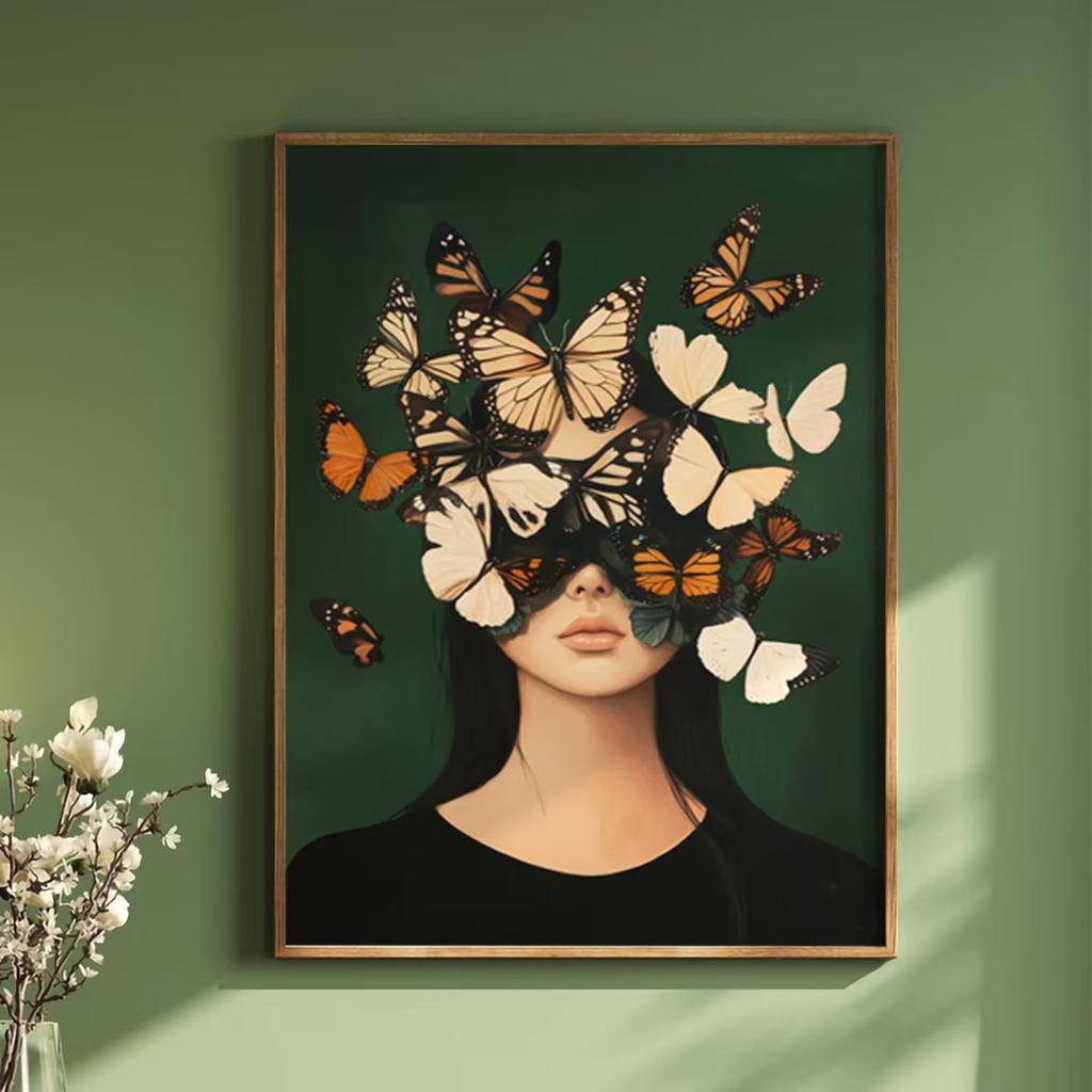 Stampa su Tela con Figure Astratte Verdi e Donna Fiore Ritratto Femminile Minimalista Japandi Poster Artistico per Decorazione Soggiorno Moderno