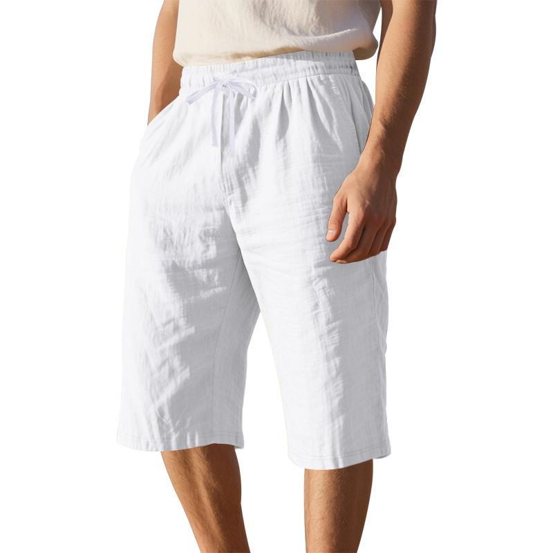 Summer Men's Loose Simple Solid Color Casual Linen Breathable Sports Beach 7-point Shorts