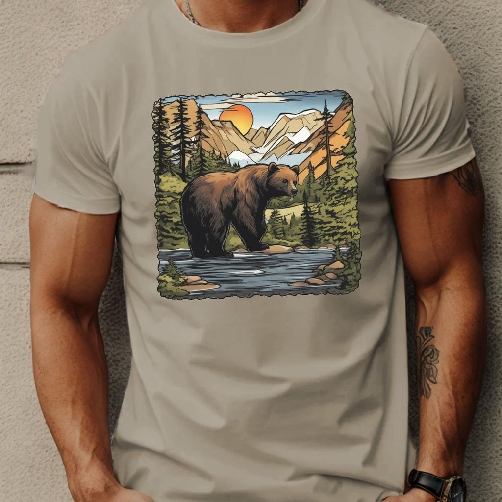 Bear In River Graphic Tee Men Short Sleeve Casual Breathable Cotton TShirt